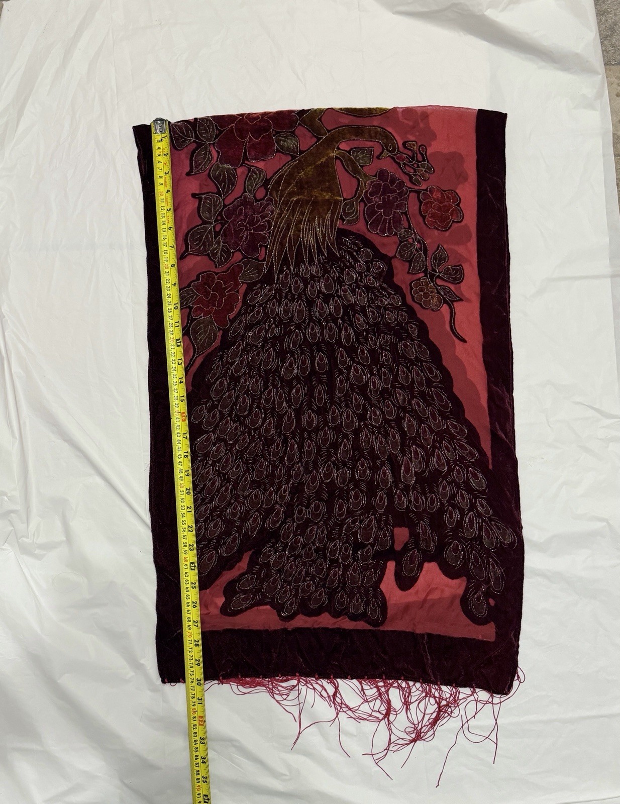 Velvet Peacock Table Runner Burgundy Pink Floral Fringe Embroidered 60″ Decor