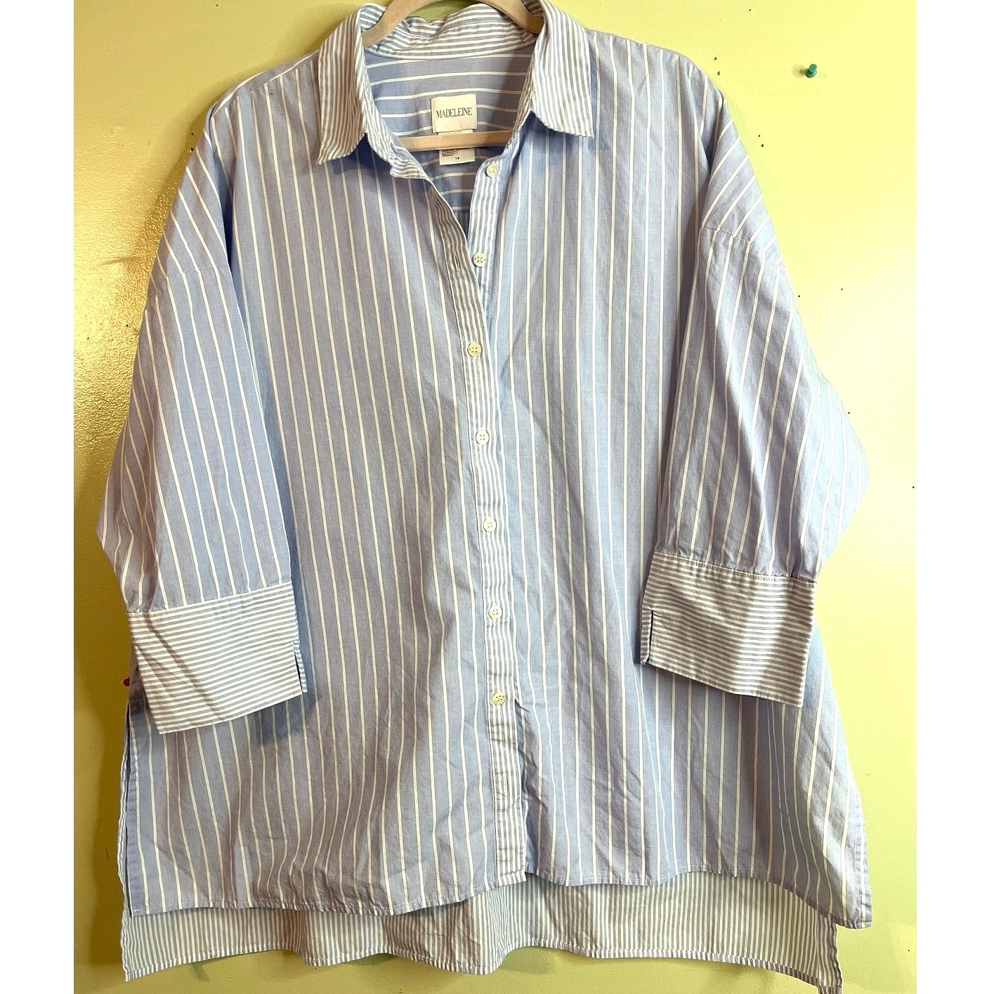 MADELEINE Mode GmbH Blue & White Striped Button Up 3/4 Sleeve Shirt | Size 16
