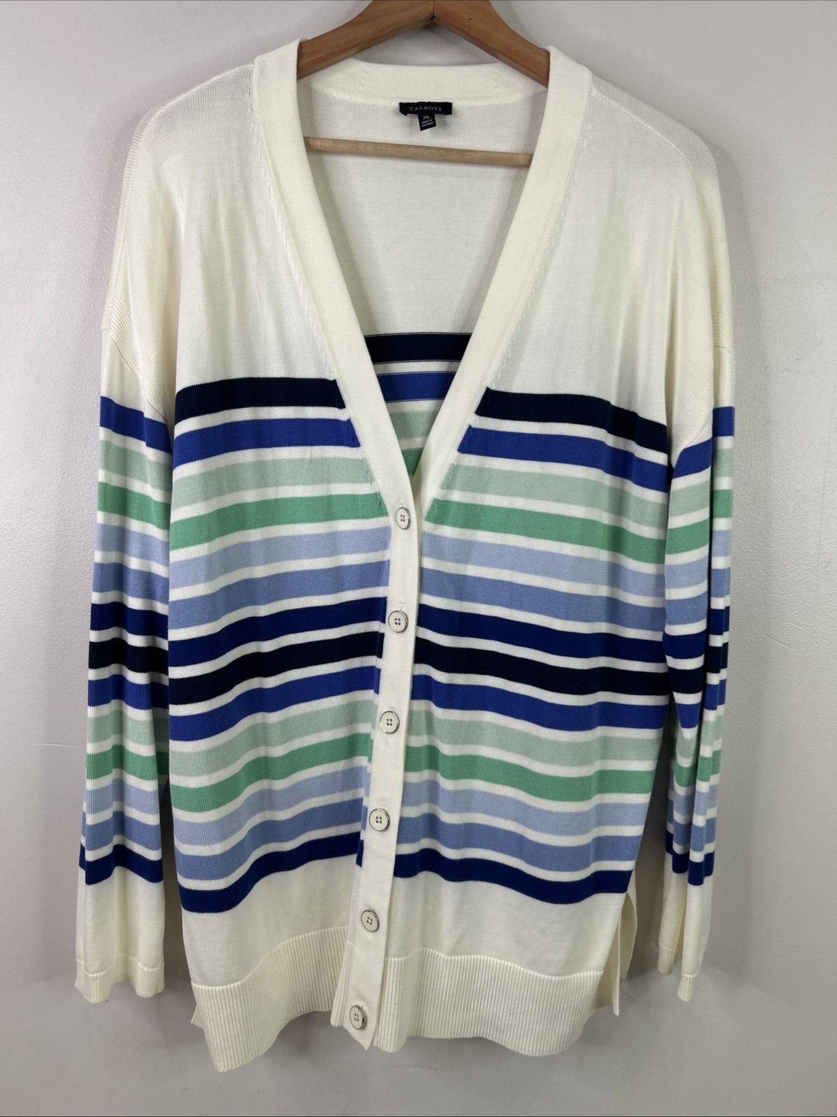 Talbots Ivory Multicolor Striped Button Front Girlfriend Cardigan Size XL