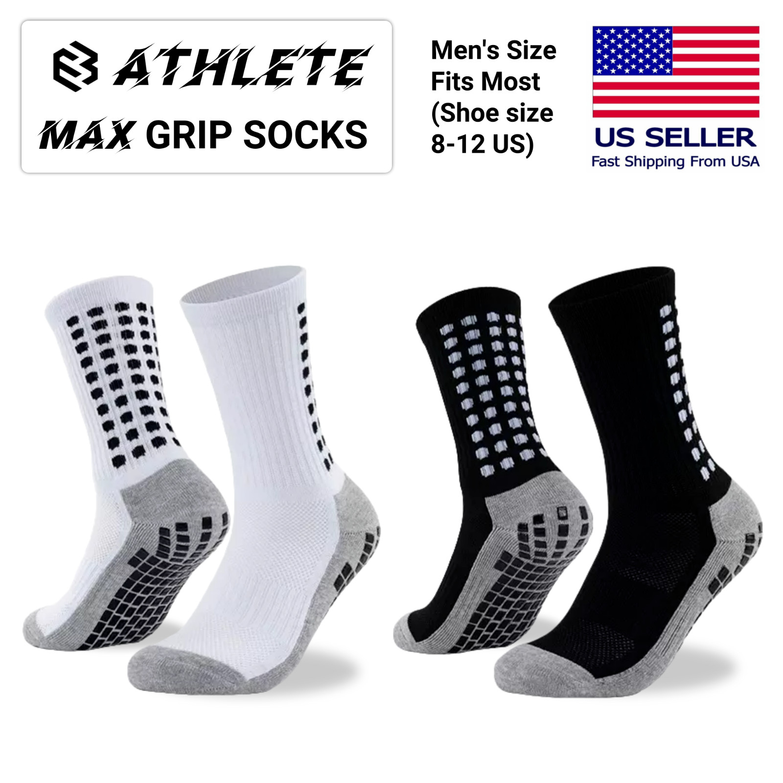E3 ATHLETE MAX Grip Crew Socks, Men’s, Anti-Slip, Soccer, Football, Basketball
