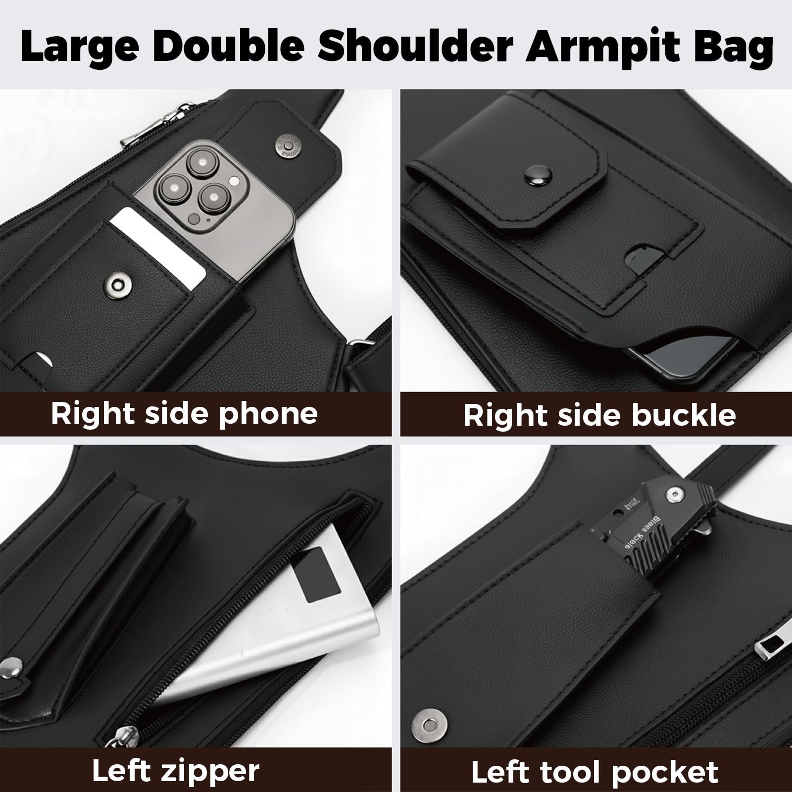 ECGER Large Double – 36cm/11.7in X 21cm/8.3in, Black Armpit Bag