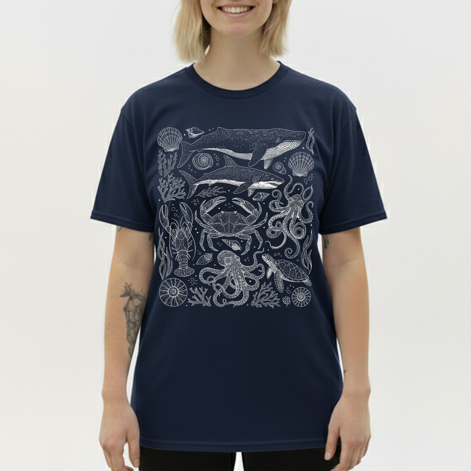 Marine Life Whale Crab Octopus Nautical Retro Engraving Vintage Gift Tee