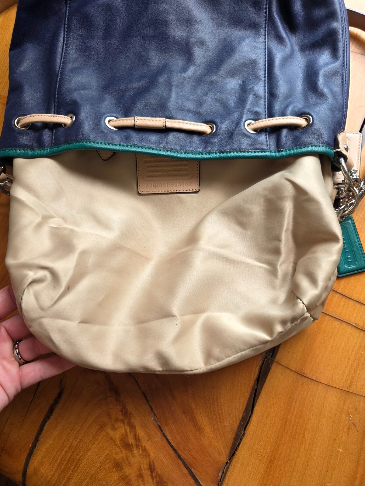 Coach Daisy Leather Drawstring Shoulder Bucket Bag Blue Green Tan Colorblock
