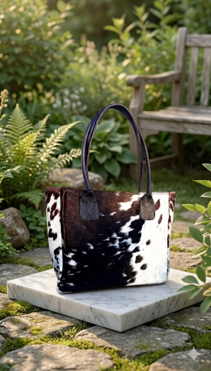 Genuine Black and White Cowhide Tote Bag | Real Fur Leather Handbag