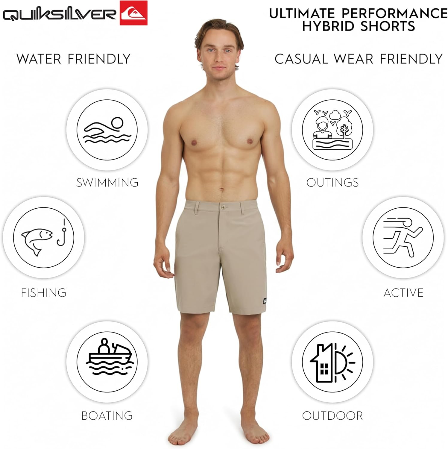 Men’s Regular Fit Fixed Waist Water Friendly Active Hybrid Shorts