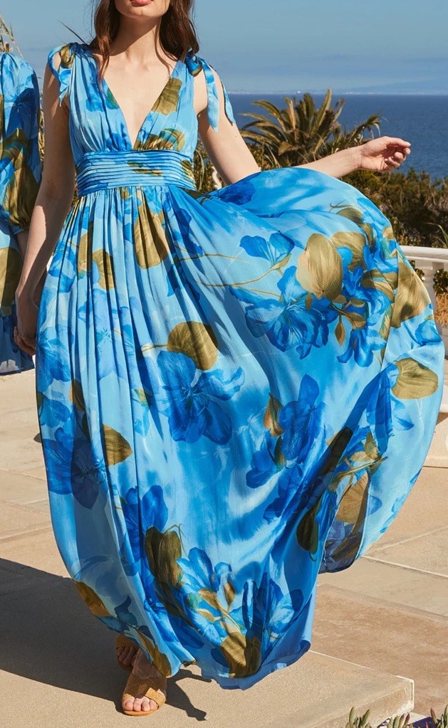 Sugarlips Neiva Blue Floral Descanso Pleated Maxi Dress 1X Flowy Romantic Garden