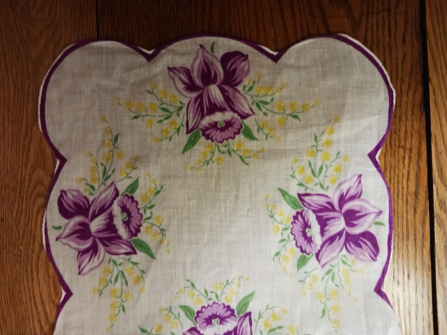 2 Vintage Ladies Hankies -Pretty Purple Irises. 11 X 11.5 in. Nice Condition.