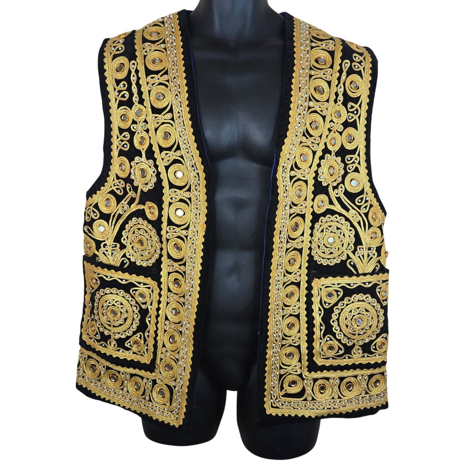 Vintage 70s Afghan Waistcoat Vest Traditional Mirrored Black Gold Size L
