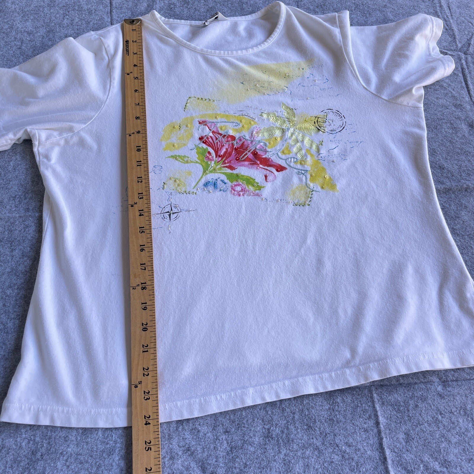 Vintage Shirt Blast Womens Large White Floral Sequined Short Sleeve Compass