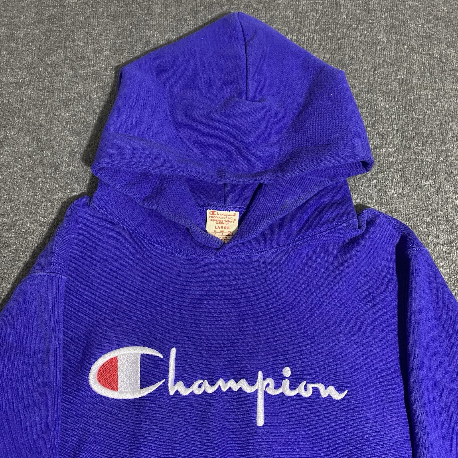 Vtg Champion Reverse Weave Large Blue Embroidered Pullover Hoodie Warm Up Script