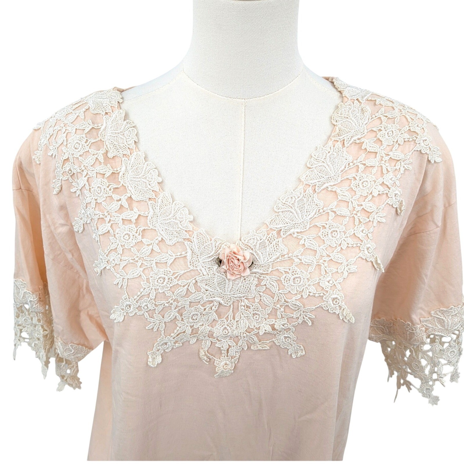 Vintage Magnet Art Peach Lace Applique Top L Cotton Romantic Cottagecore Blouse
