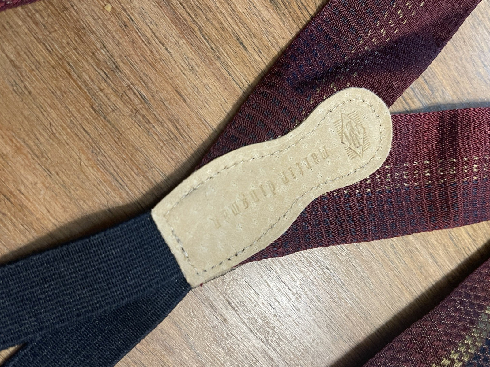 Martin Dingman Suspenders Maroon/blu Stripe Ribbon Leather Button Braces Brass