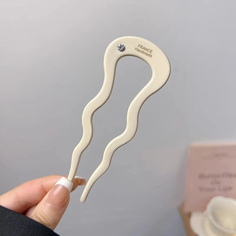 French Twist Hair Stick Hair Clip Acetate Wavy U-Shaped Hairpin Vintage Tortoise