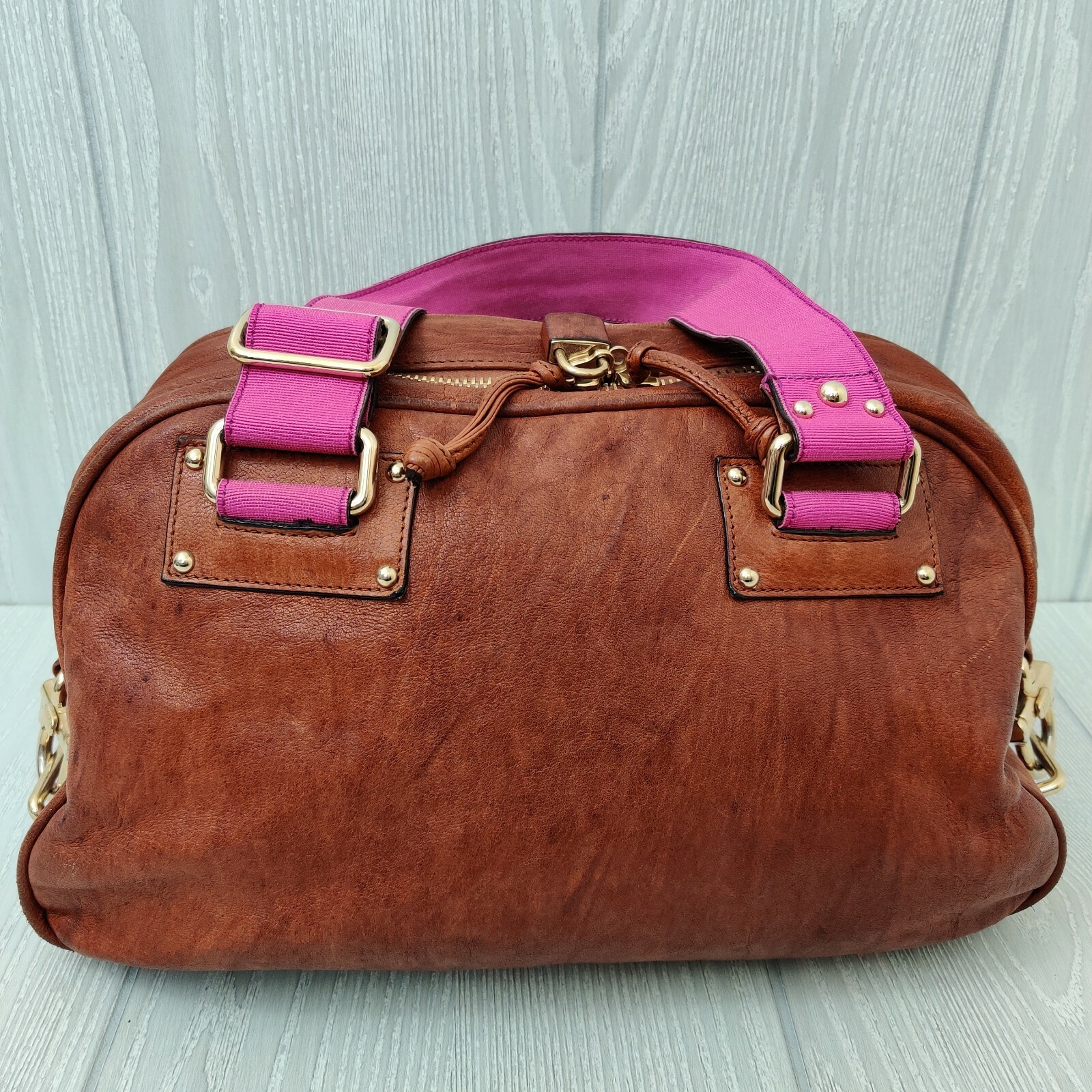 Alessandro Dell Acqua Leather Satchel in Cognac with Fuchsia Trim
