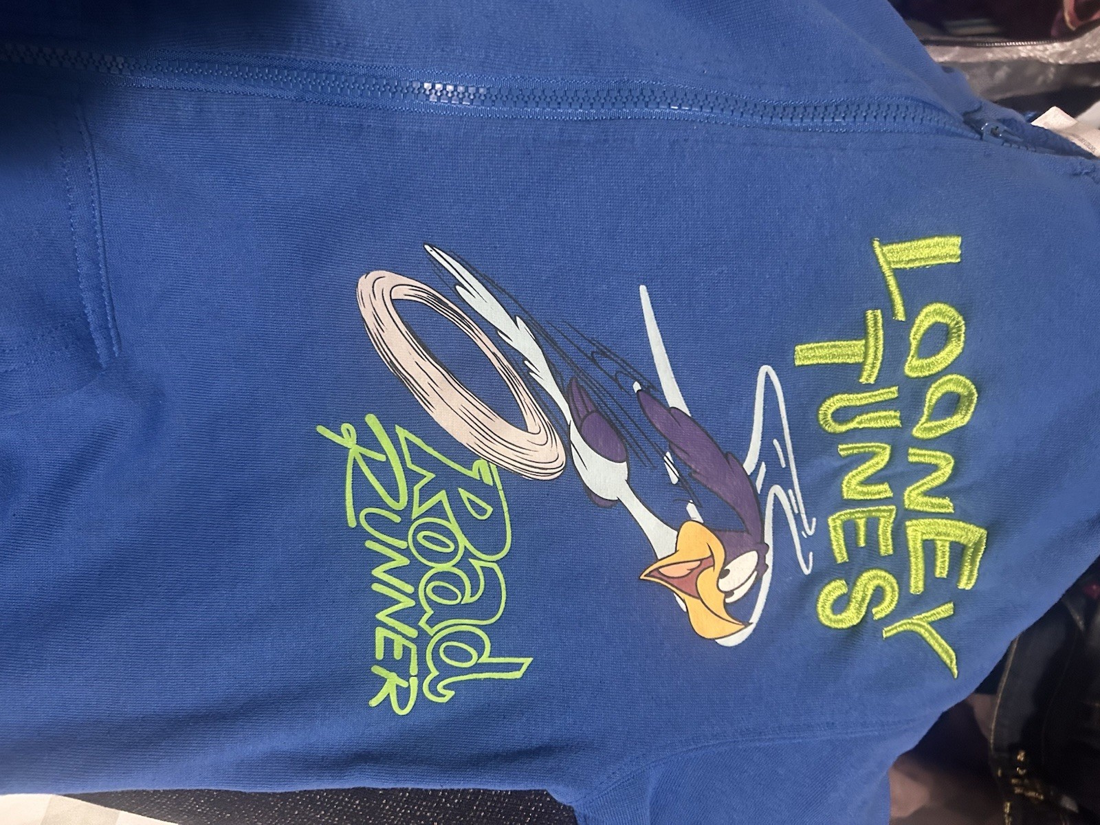 Looney Tunes Road Runner Wile E. Coyote Zip Up Jacket Sz XS Graphic Y2K Vtg Blue