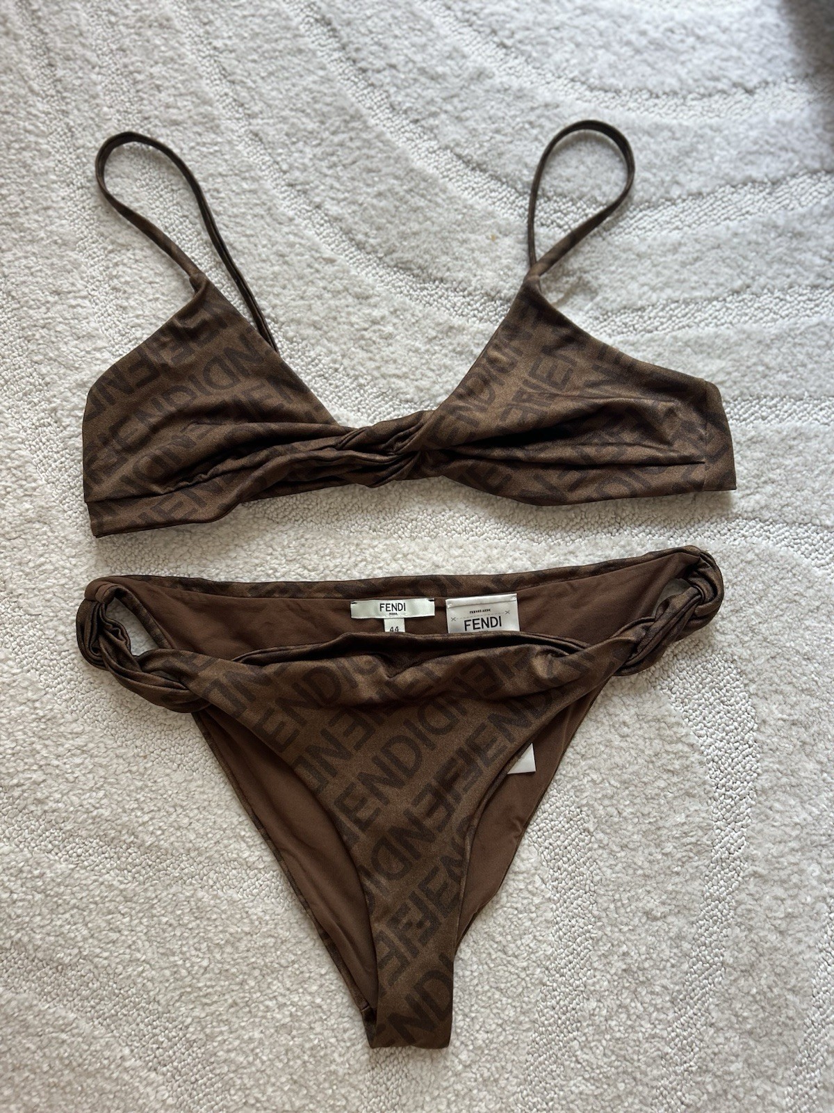 FENDI FF Logo Print Brown Bikini Set