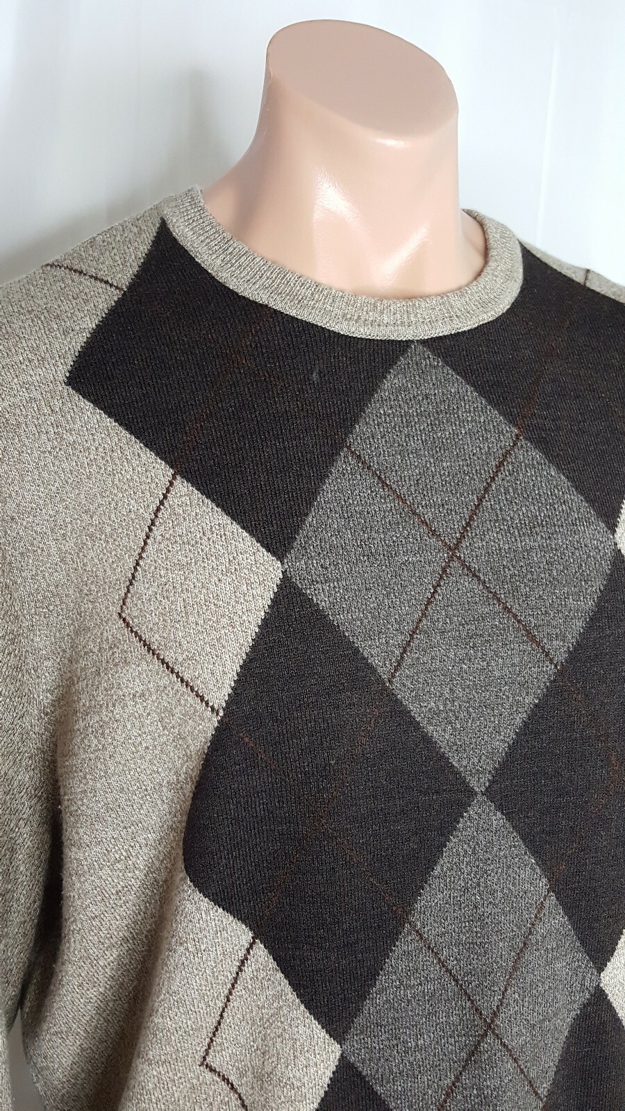 Dockers Men’s Beige Multi Argyle Long Sleeve Crew Neck Pullover Sweater Size XL