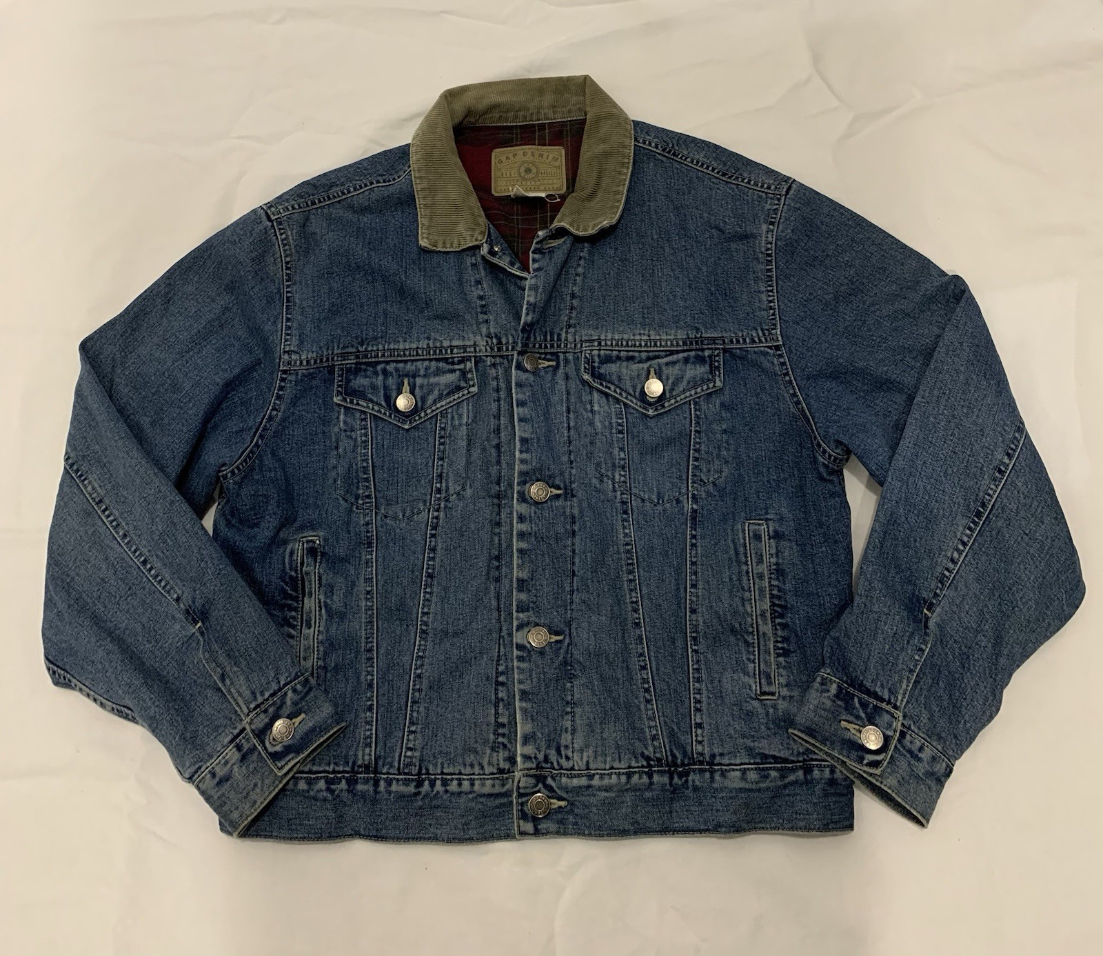 Vintage 90s Gap Denim Trucker Jacket Mens L Blue Flannel Lined Corduroy Collar