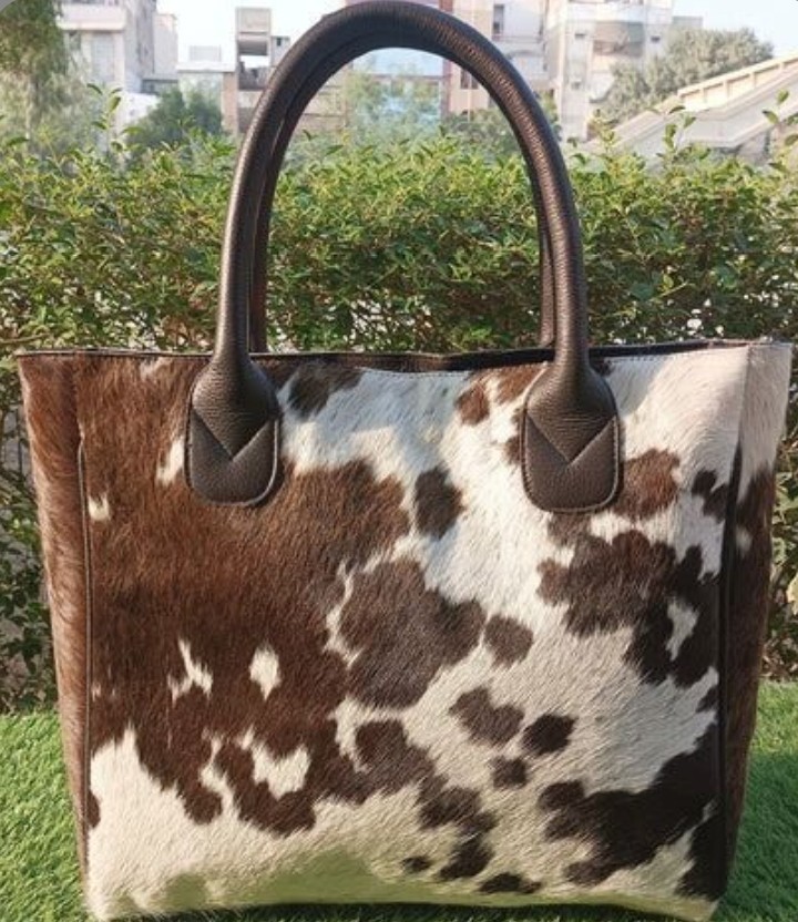 Genuine Cowhide Leather Tote Bag Hair-On Brown White Shoulder Handbag Western
