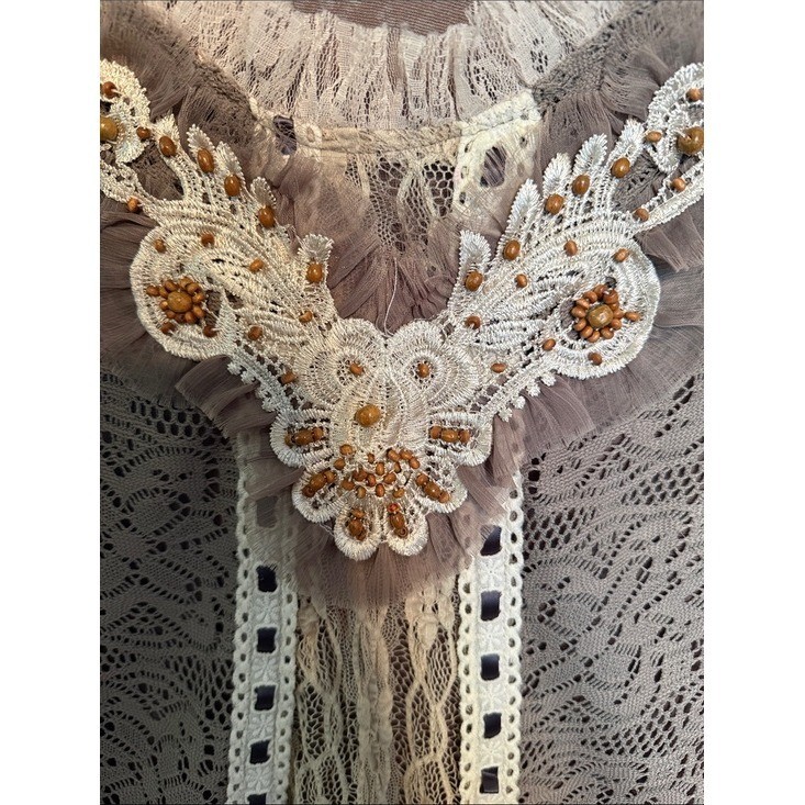 Pretty Angel Taupe Lace Beaded Boho Flutter Sleeve Top Large Womens Romantic