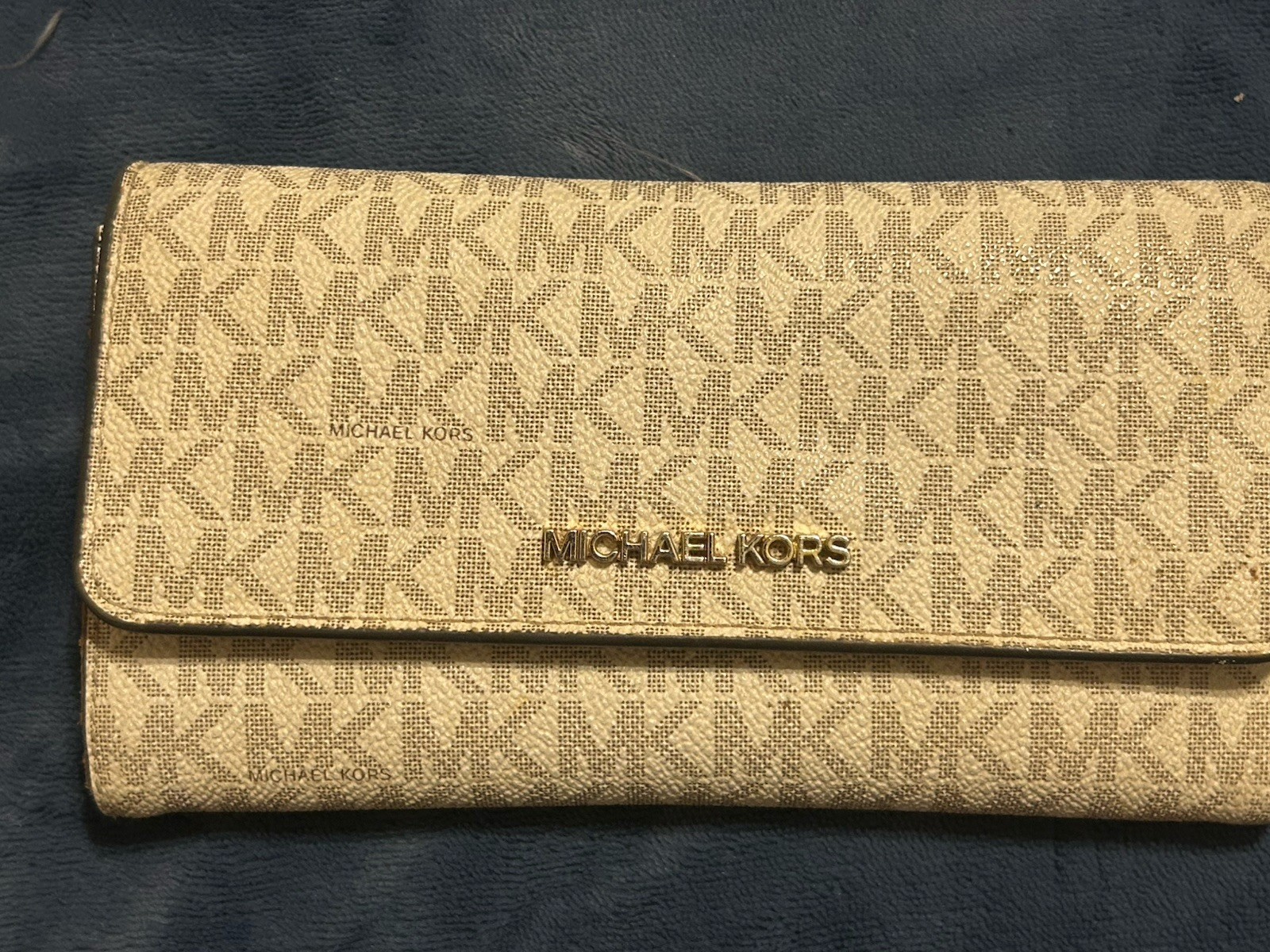 Michael Kors Beige/Brown Logo Print Snap Folding Wallet w/ ID Window Card Slots