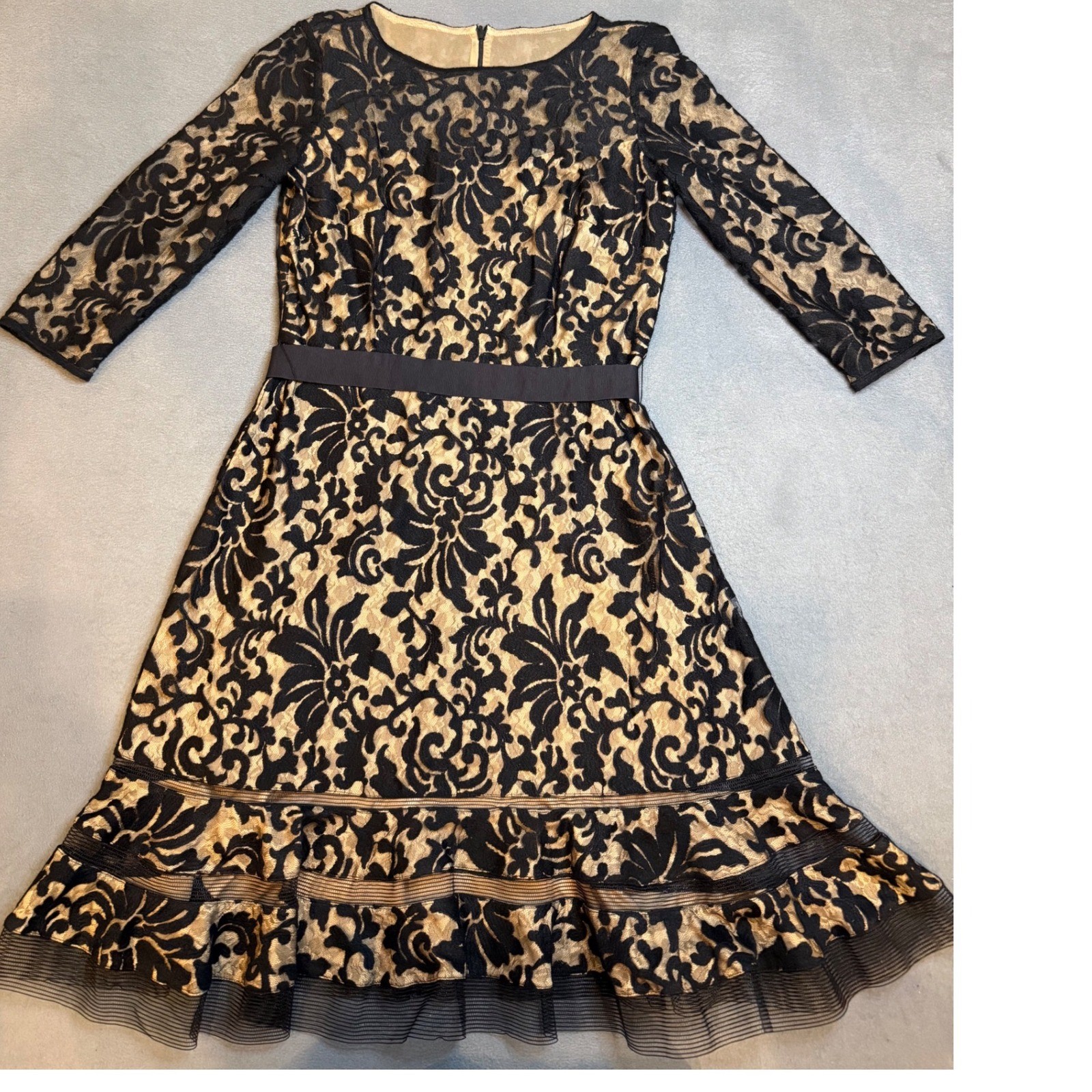 Tadashi Shoji Black Lace Nude Lining Fit Flare Cocktail Dress Size 12 Floral