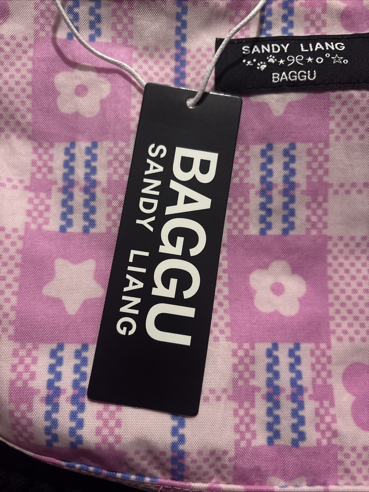 BAGGU X Sandy Liang Medium Nylon Crescent Bag in Market Plaid Pink (Flowers)