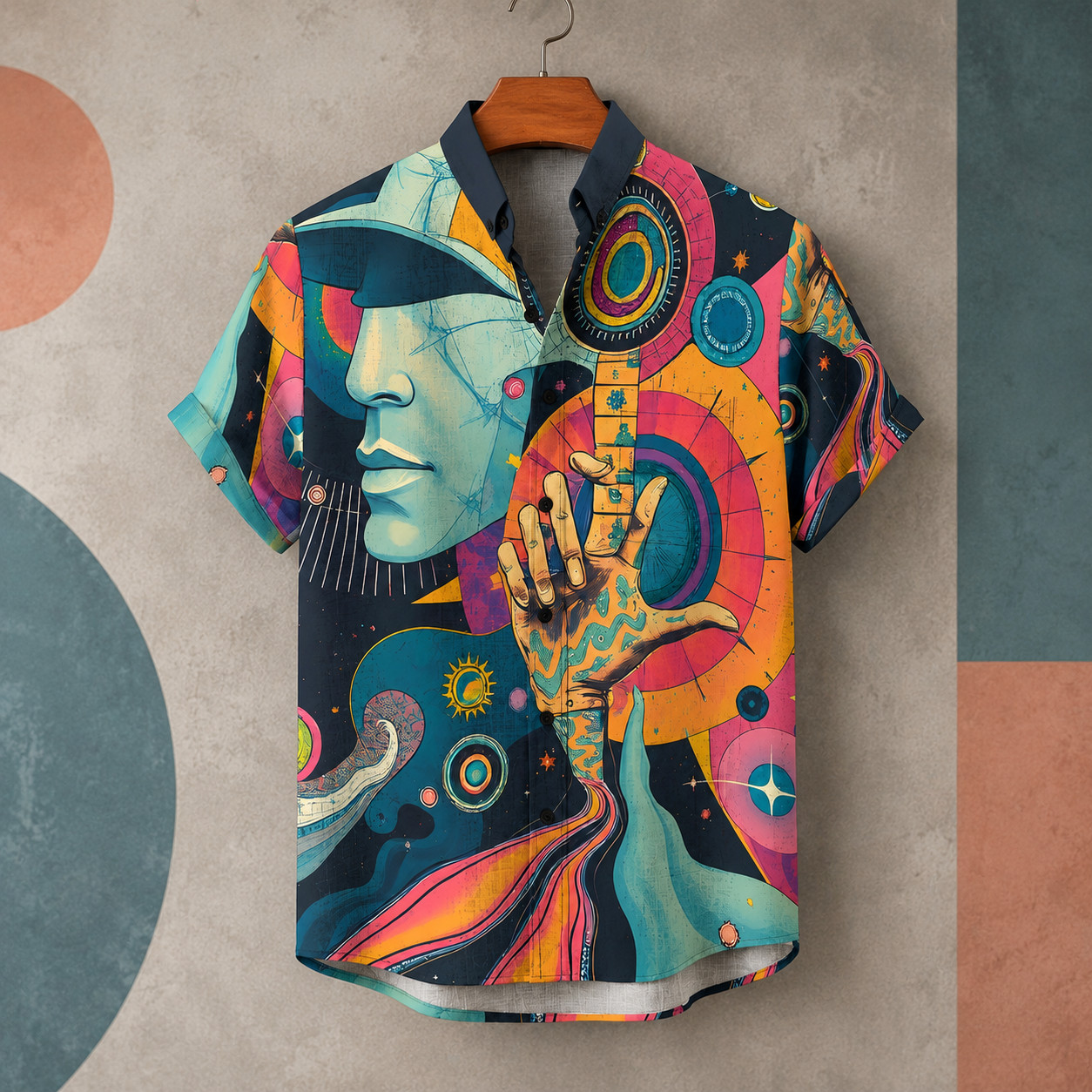 Psychedelic Abstract Art Hawaiian Shirt, Retro 70s Trippy Button Down Hippie