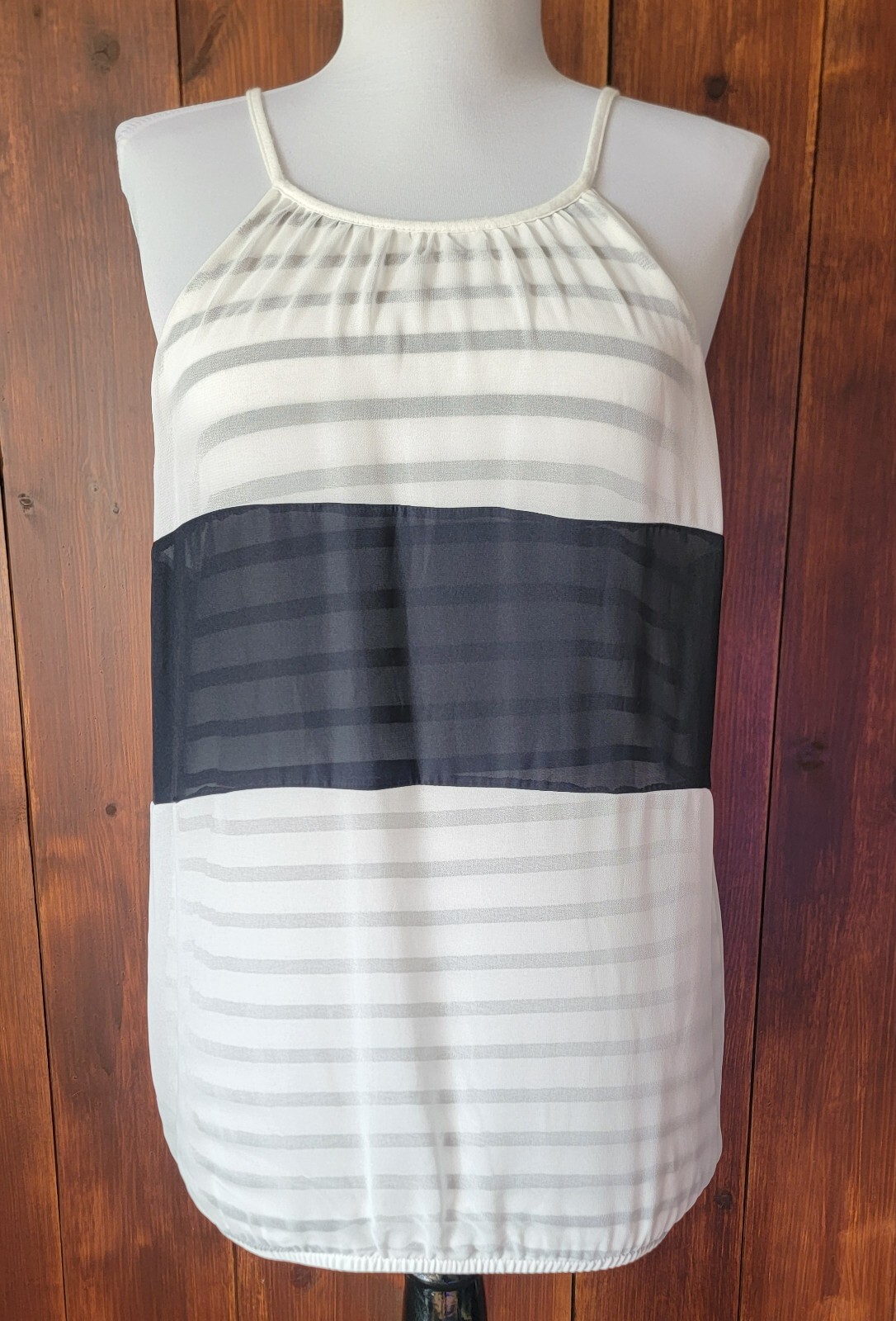 Express Women M Black White Striped Sleeveless Blouse Keyhole Back Sheer Overlay