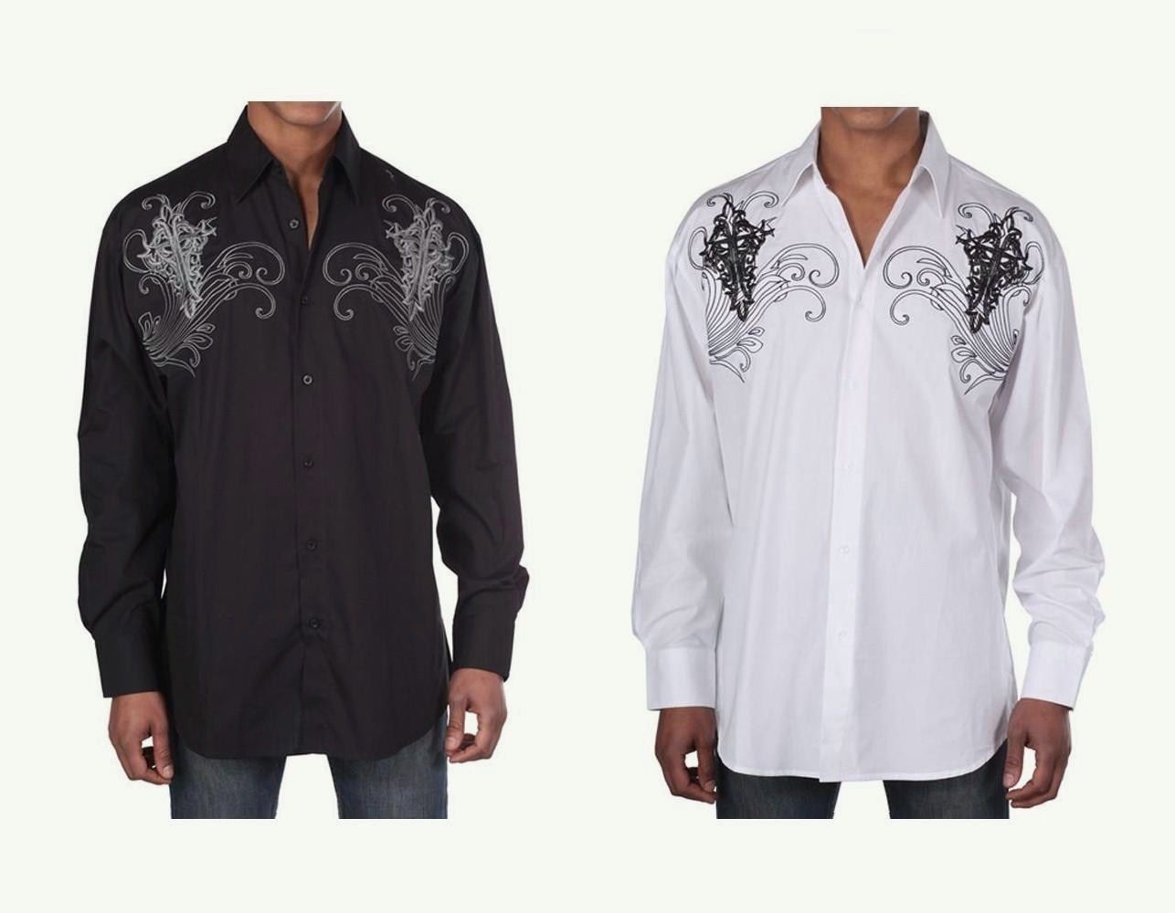 Men’s Western Cotton Embroidered Casual Shirt #42 Black White & Red