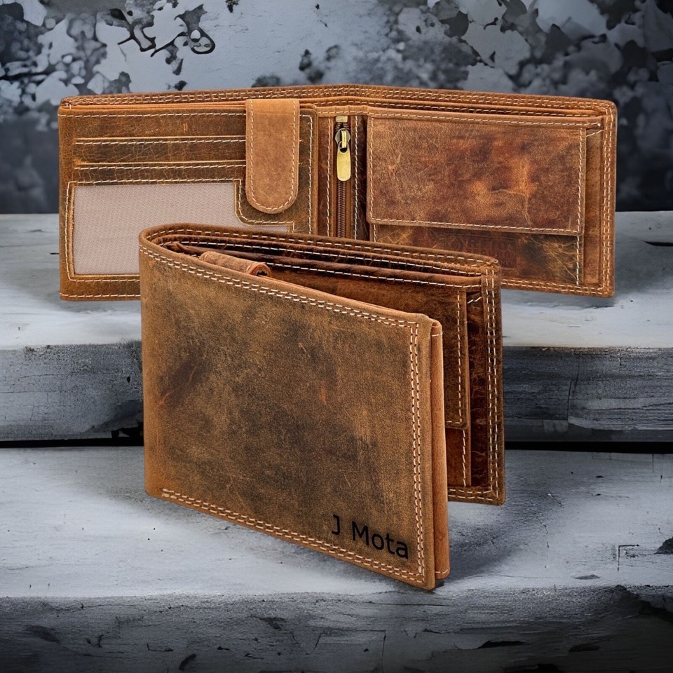 Personalised Custom Engraved RFID Blocking Mens Distressed Hunter leather Wallet