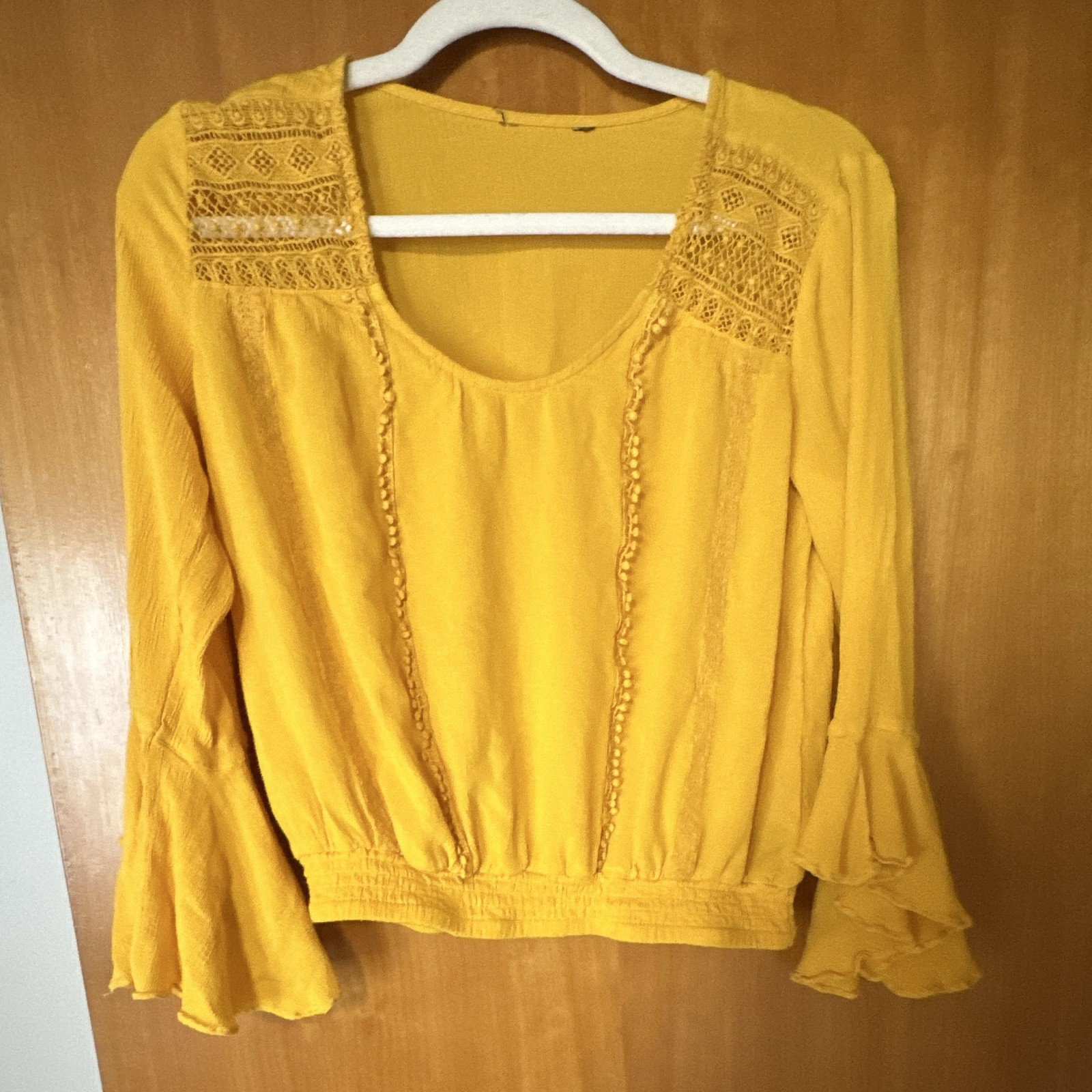 Express XS Yellow Solid Woven Lace Yoke Scoop Neck Long Bell Sleeve Blouse
