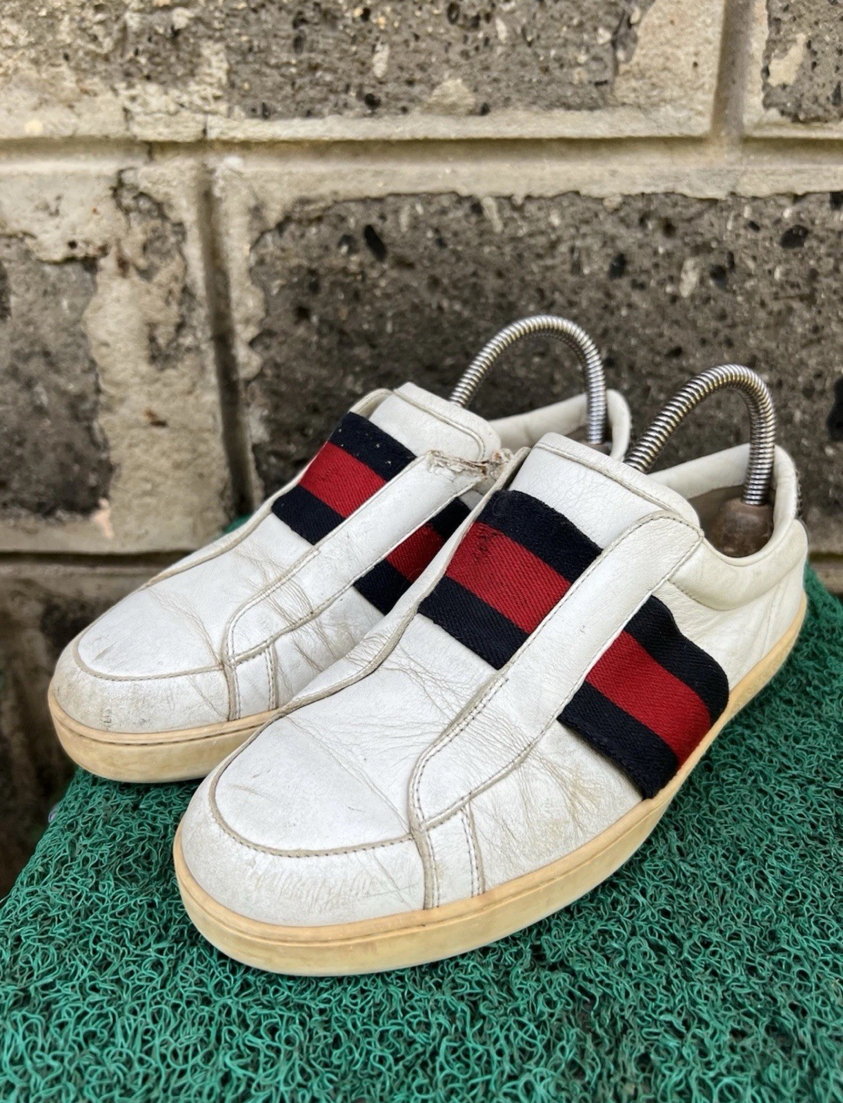 Gucci White 322749 Men’s Leather Slip-on with Web Sneakers U.S 6