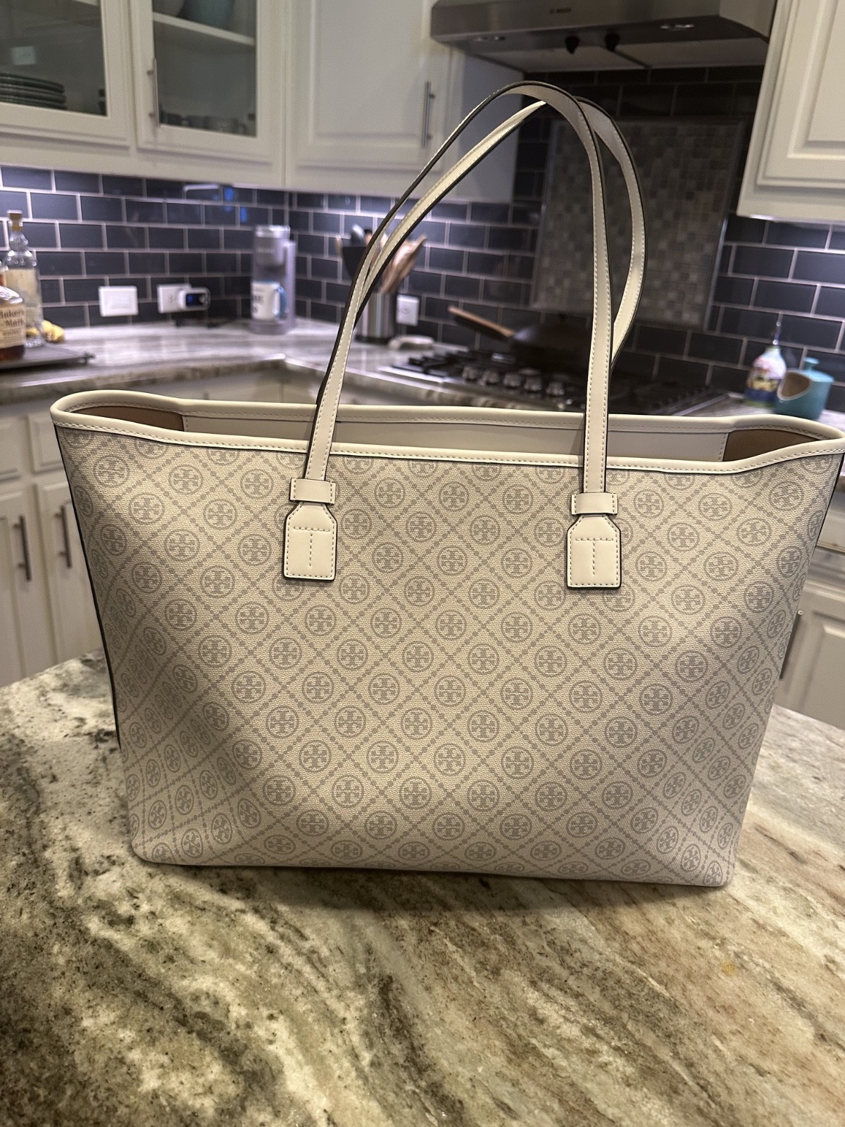 Tory Burch T Monogram Coated Canvas Zip Tote Ivory Laptop Work Bag NWOT