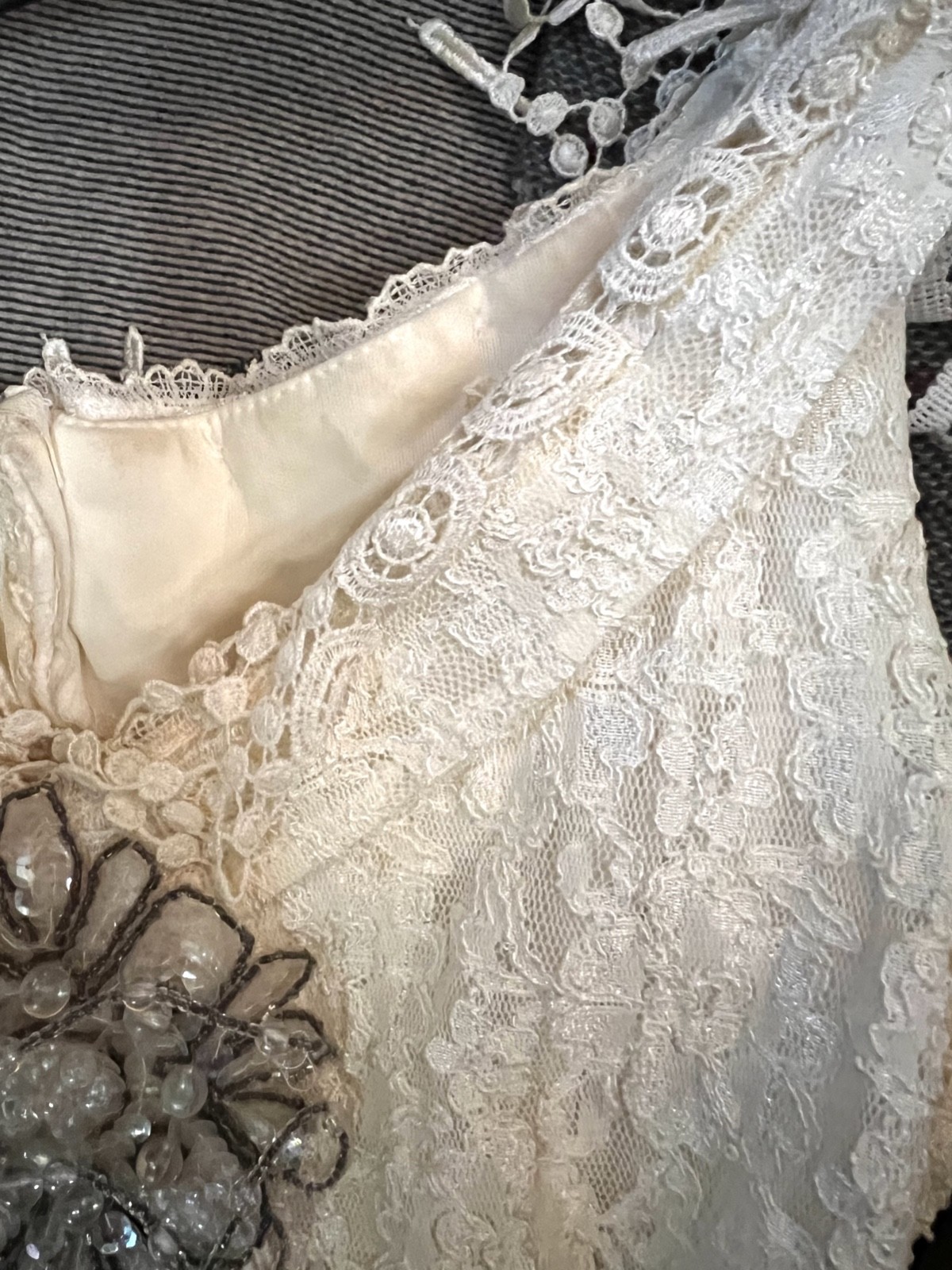 Y2K 90s Lace Midi Dress Sheer Pleated Pearl Beaded Fringe Cottagecore Bridal