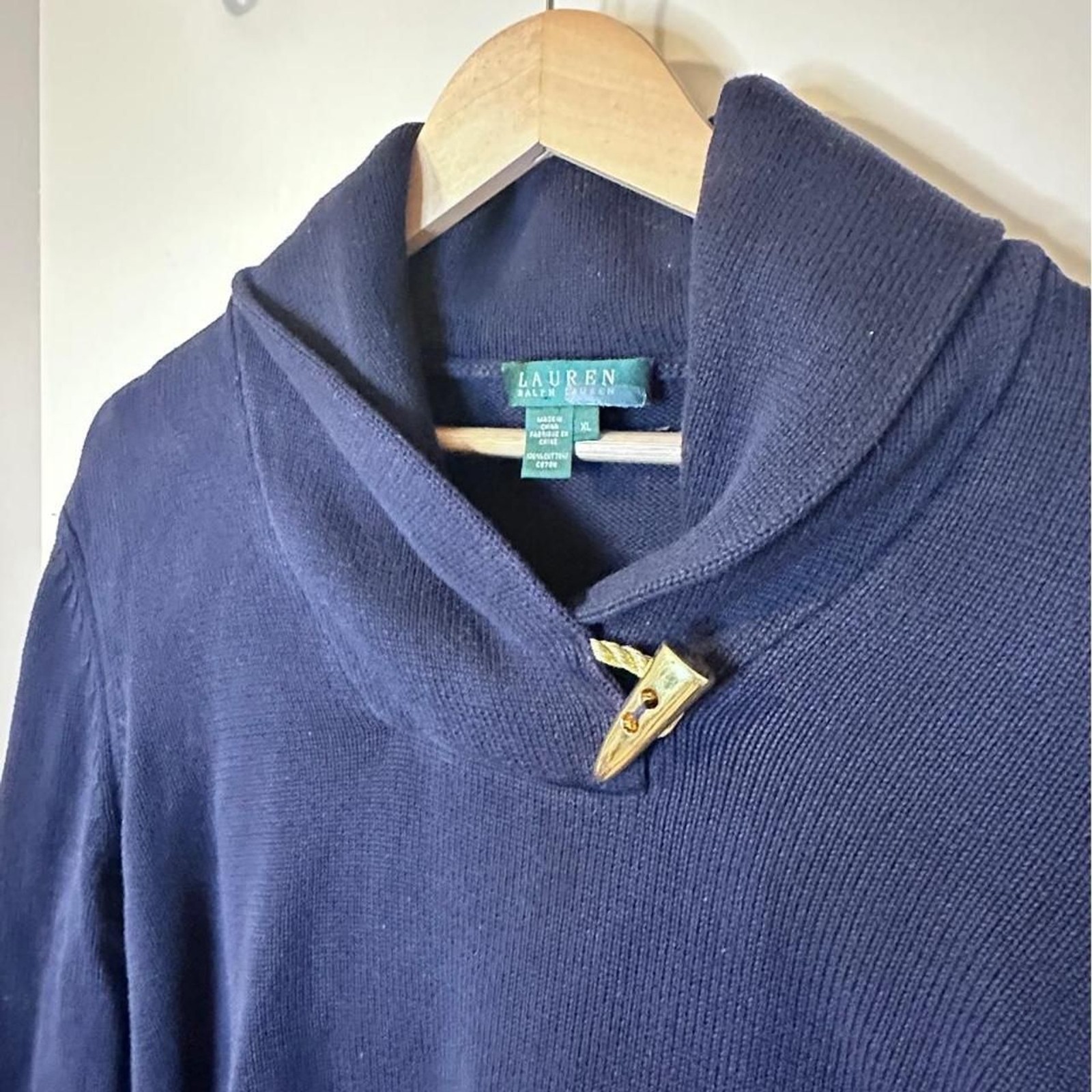 Lauren Ralph Lauren Gold Toggle Cotton Knit Sweater w/ Shawl Collar