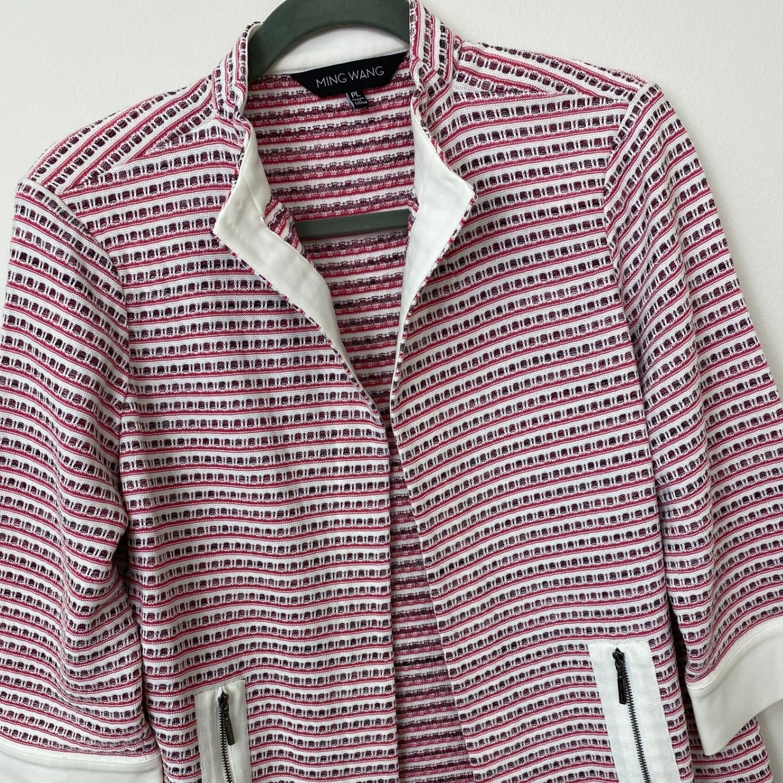 Ming Wang, Petite Large Open Front Pink White Striped Knit Jacket 3/4 Sleeve PL