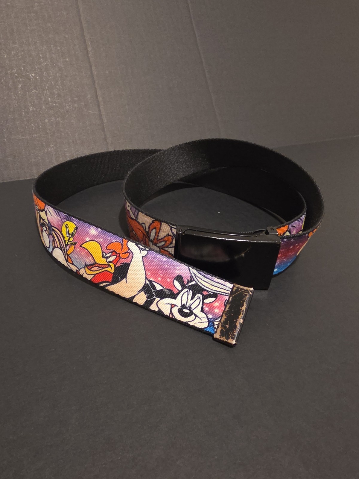 Looney Tunes Space Jam Web Belt Bugs Lola Bunny Tweety Daffy Black Slider Buckle