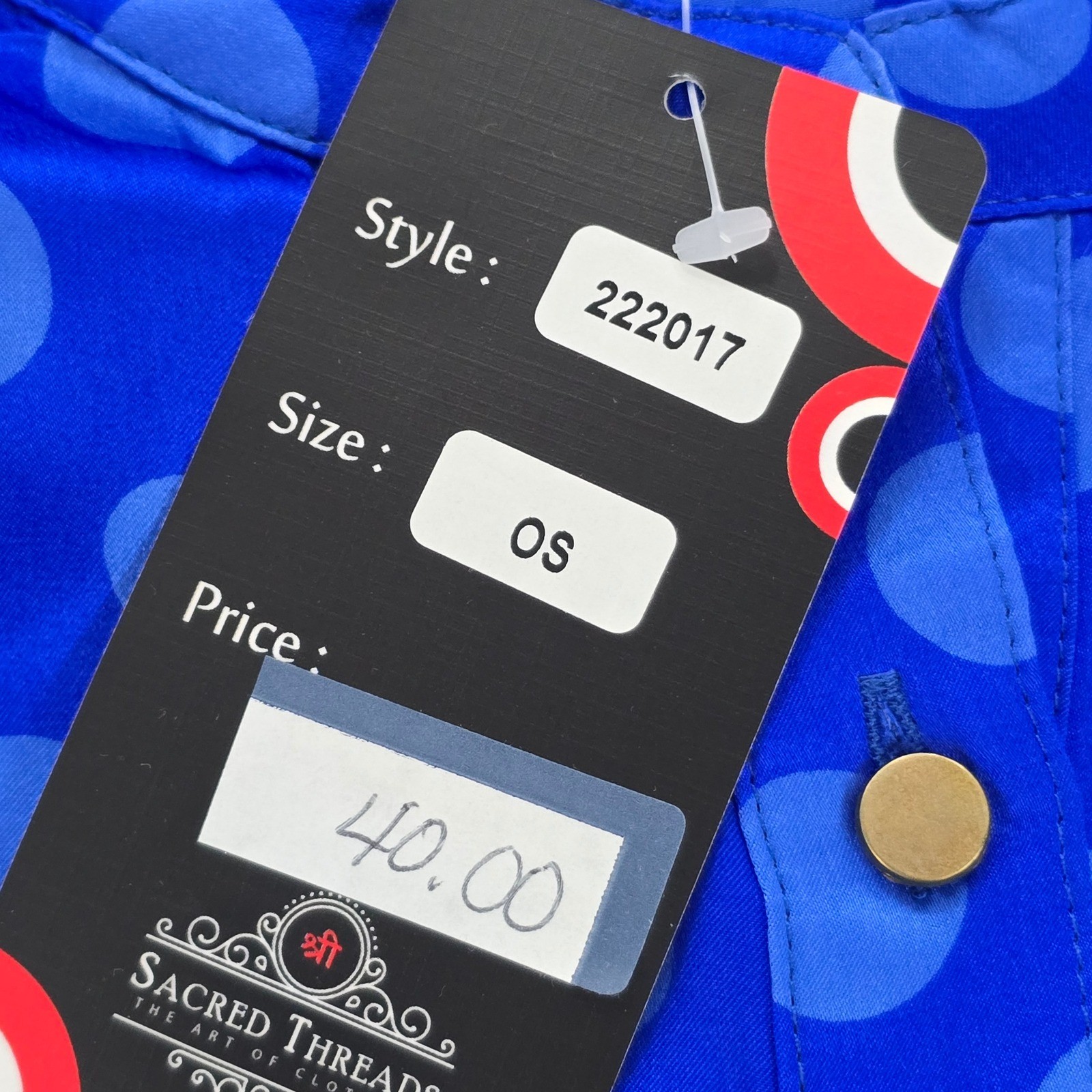 Sacred Threads 100% Silk Blue Polka Dot Blouse OS Mandarin Collar 222017 NWT