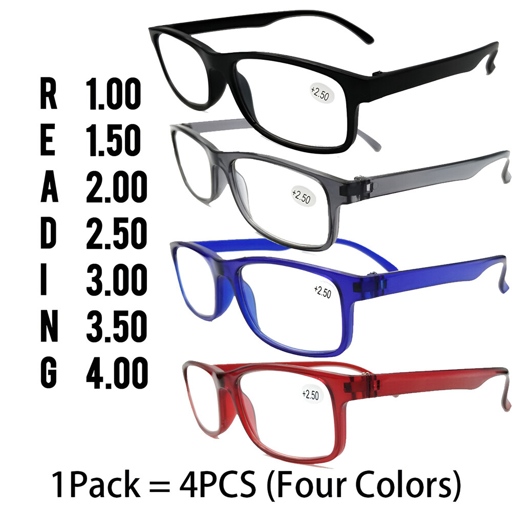 4 Pair Rectangular Spring Hinge Power Reading Reader Glasses For Mens Womens 1-3