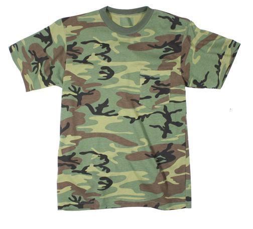 Woodland Camo w/ Front Pocket T-Shirt Camouflage US Army Navy Hunting Hiking