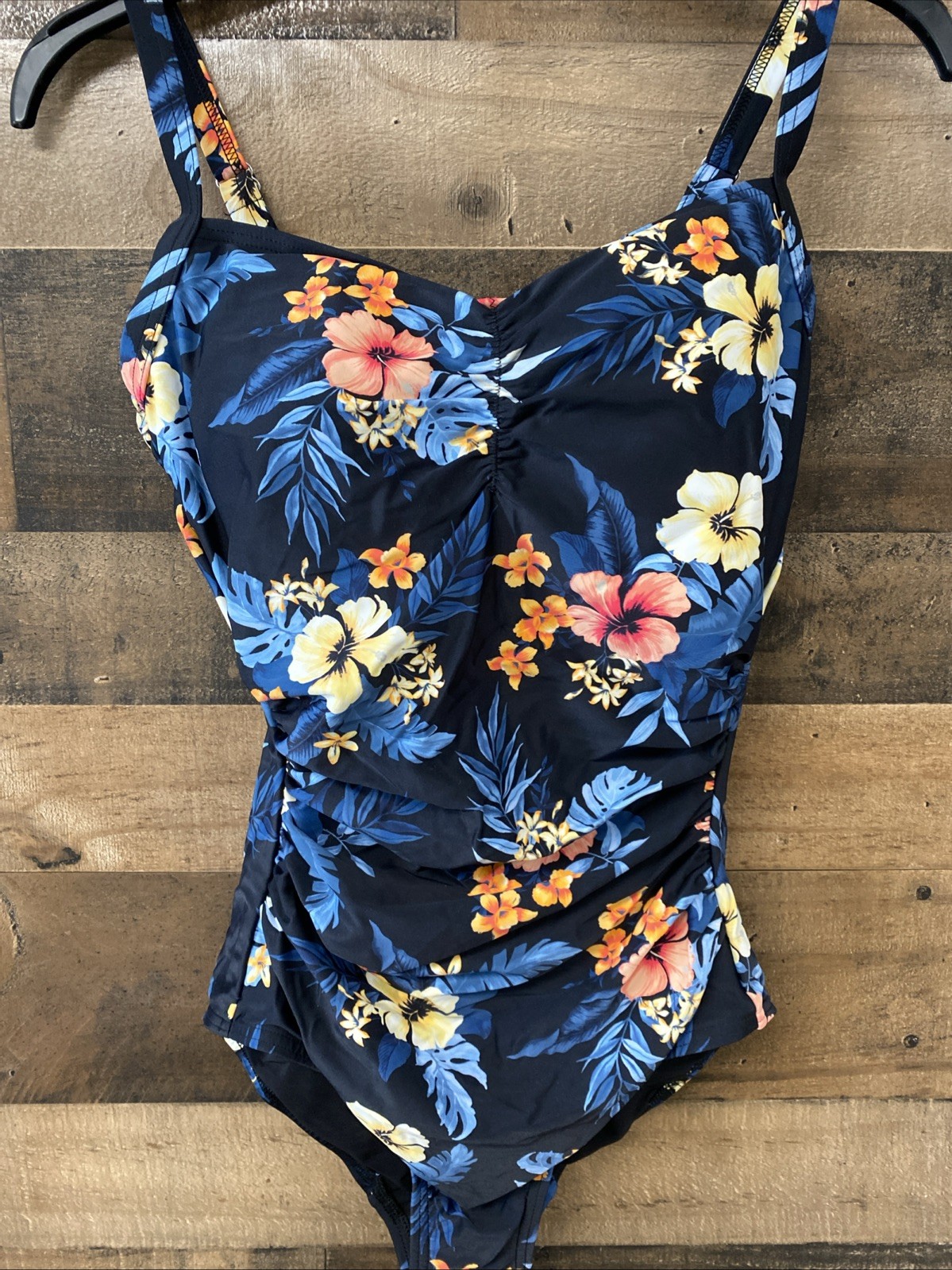 Lands’ End Ruched Sweetheart One Piece Swimsuit Black Tropical Size S 6-8 New
