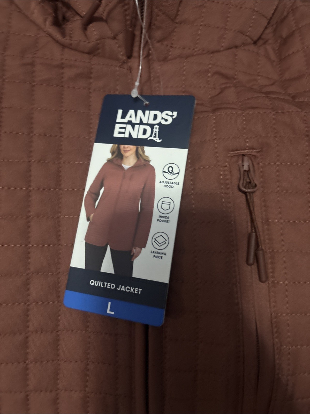 Lands’ End Women’s Inside Pocket Adjustable Hood Quilted Jacket, Red, Size L