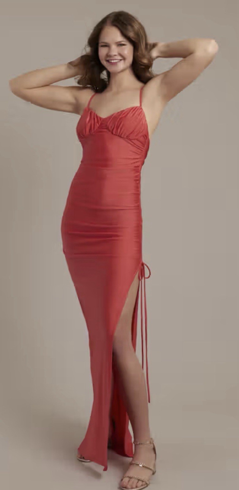 NWT Rio/salmon Ruched Prom Maxi Dress High Slit Drawstring Bodycon Gown Size