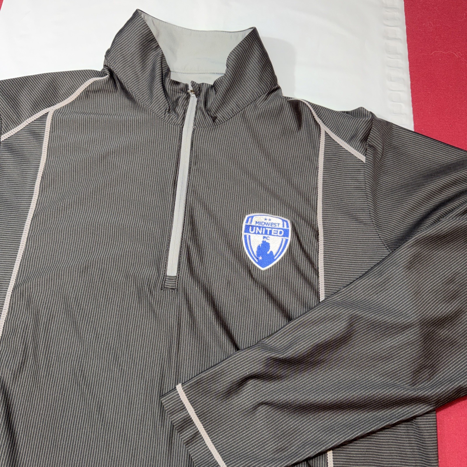 MIDWEST UNITED FC black gray Striped Soccer SHIRT Jacket 1/4 Zip Collar Men’s XL