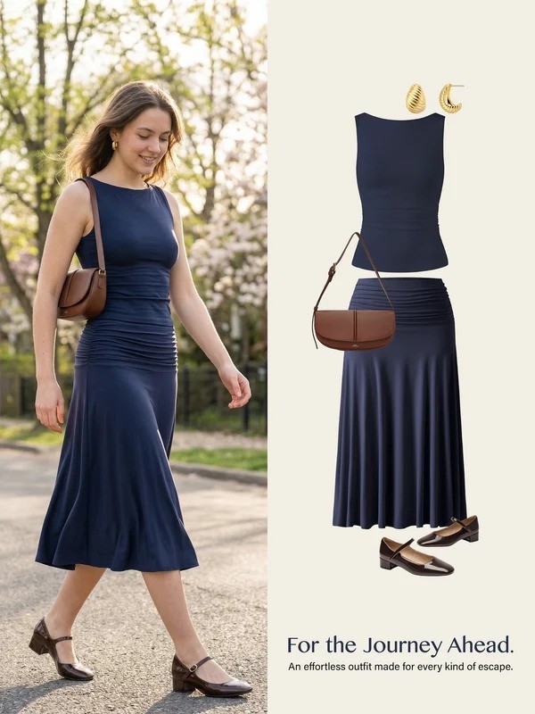 OGL 2Pcs Set Open Back Bra Tank & Side Ruched A-line Midi Skirt – Free SHIPPING!
