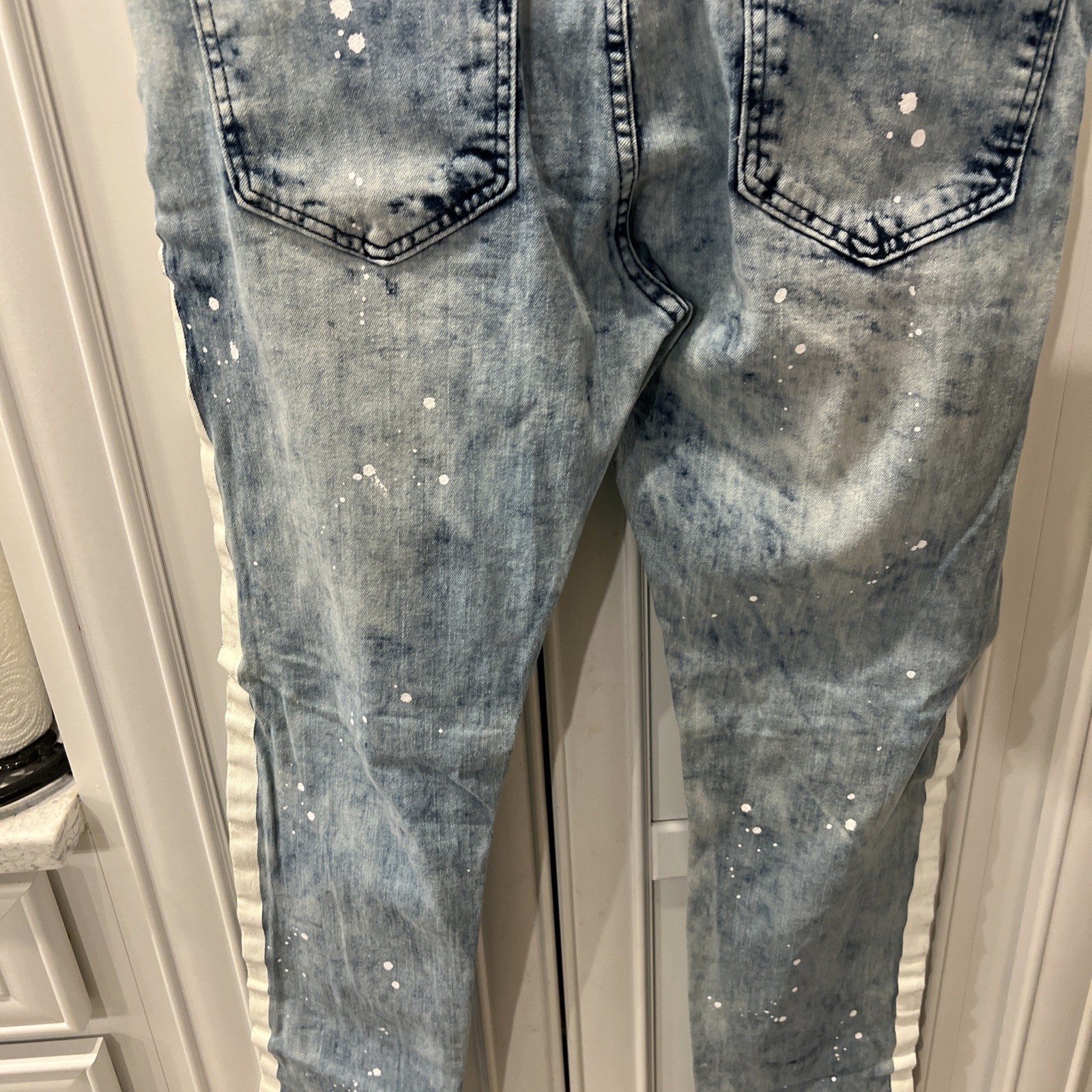 WAIMEA Lt. Blue/White Stripe Distressed Stretch Denim Mens Skinny Fit 32×32 NEW