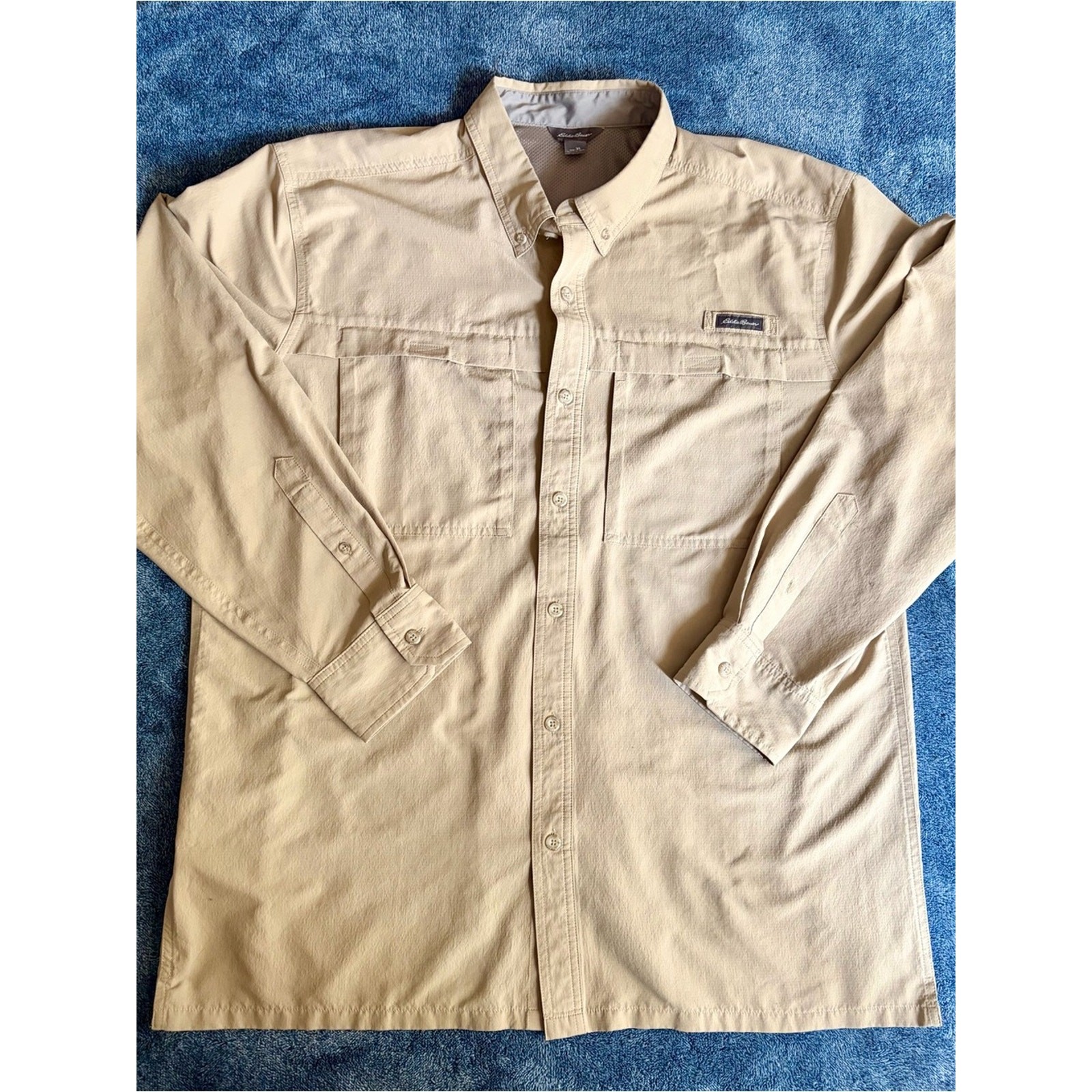Eddie Bauer Men’s Tan Khaki Long Sleeve Sun Protection Performance Trail Shirt