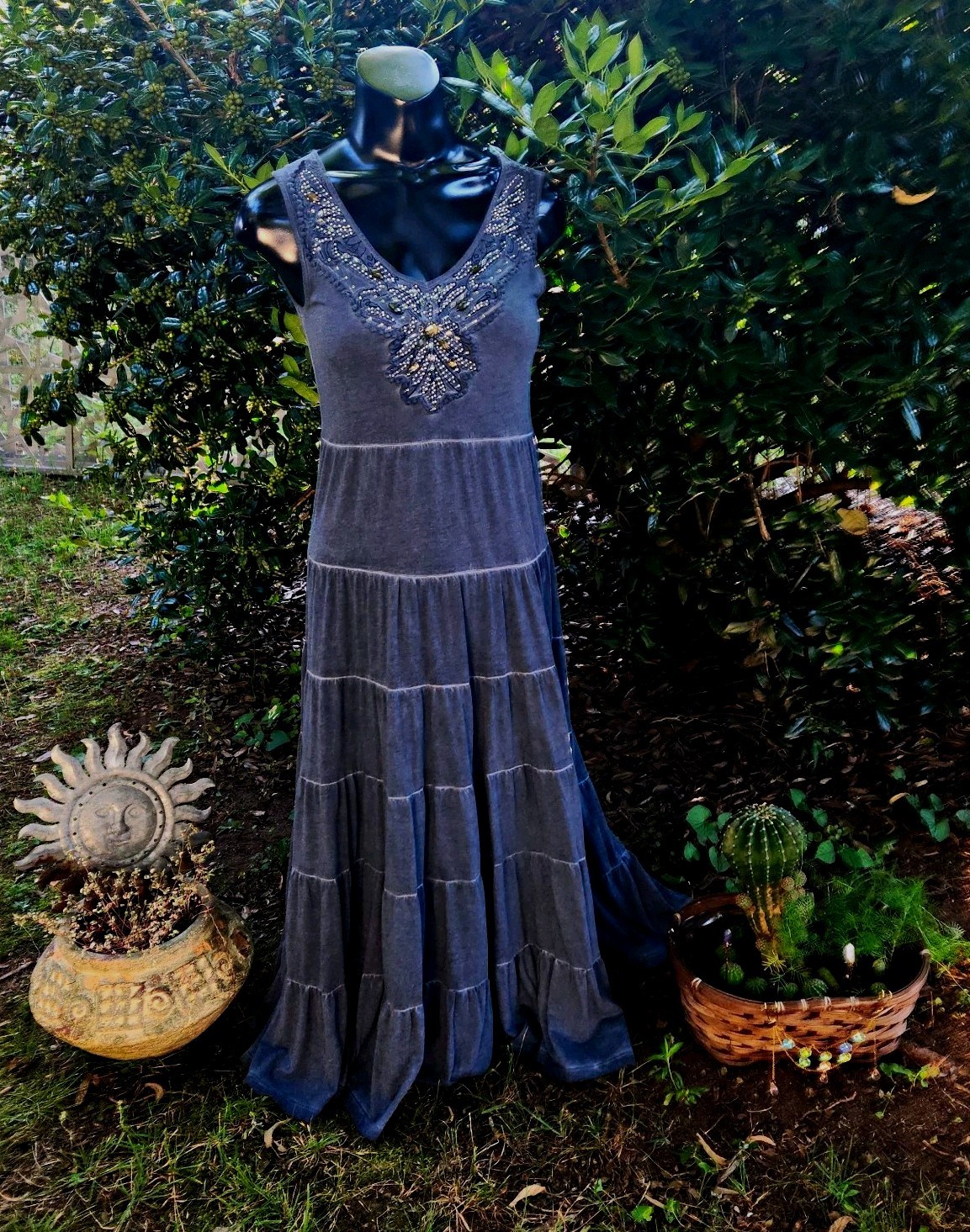 Reba Slate Gray Boho Knit Maxi Dress S Beaded Tiered Embroidered Cotton Modal