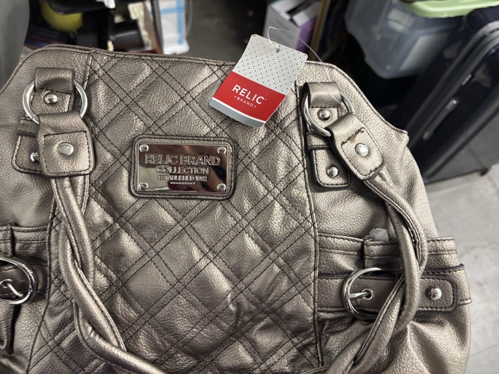 Relic Metallic Gray Quilted Satchel Top Handle Silver Hardware Zip, Magnetic